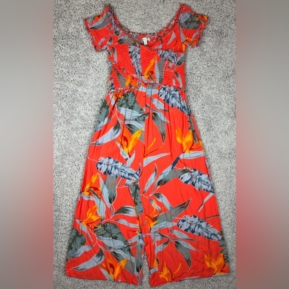 PATRONS OF PEACE Jumpsuit Womens Extra Small Tropical Smocked Top Pockets Wide